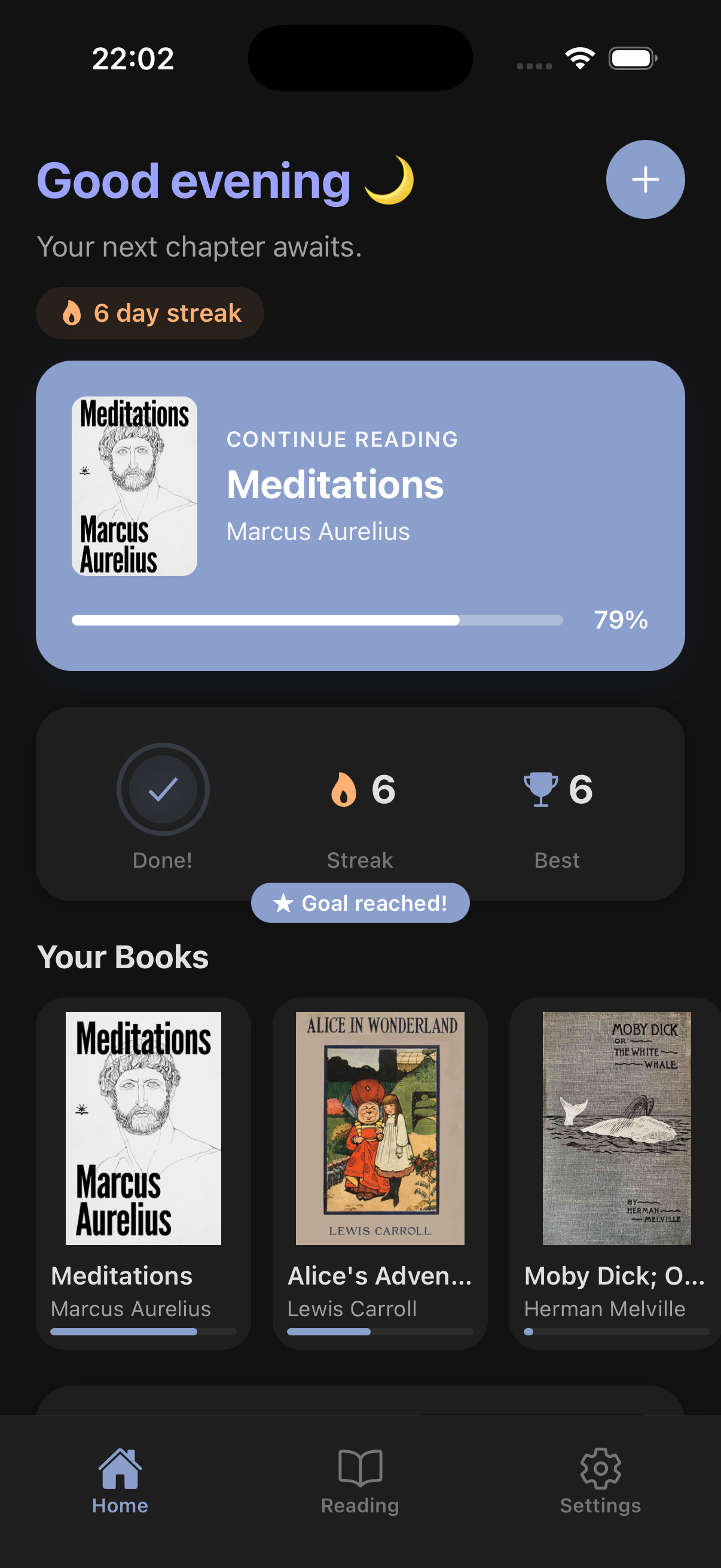 ClearRead home screen with book library, reading streak, and progress tracking